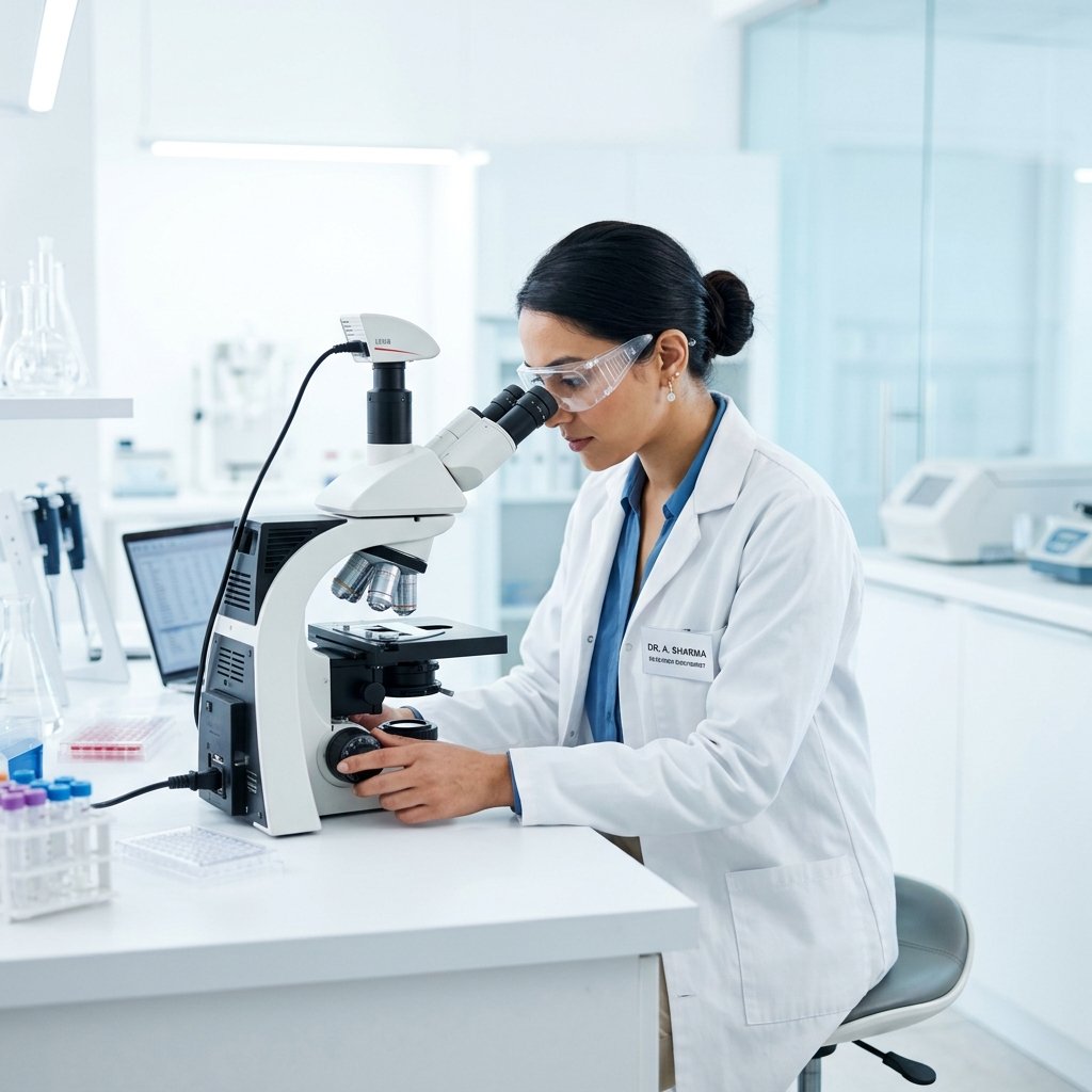 Scientist using microscope